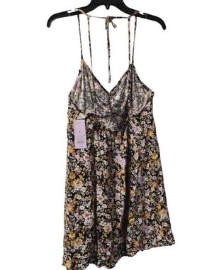 wild fable Black Floral Satin Slip Dress with Pastel Blooms